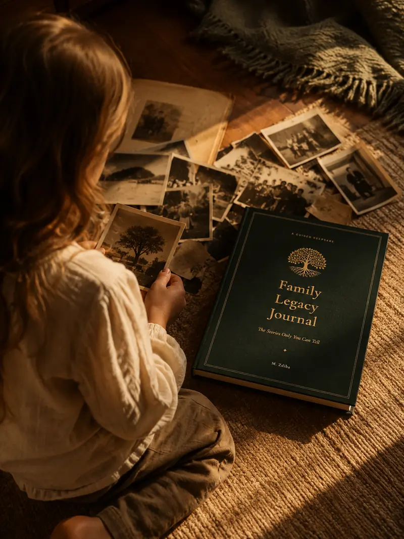 Old family photographs spread on a rug, the journal open beside them.