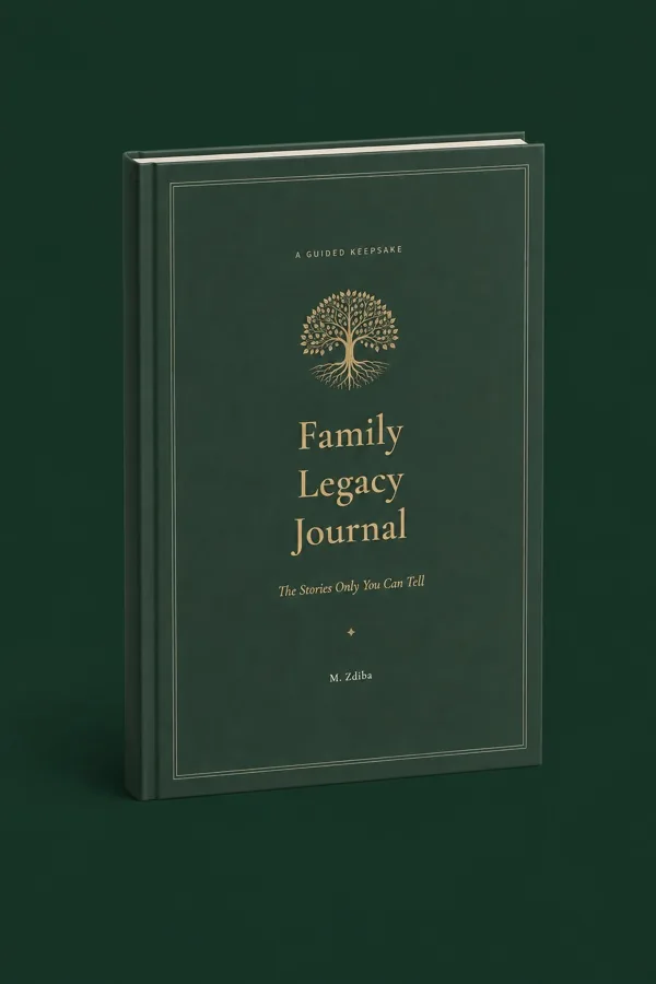 The forest-green Family Legacy Journal hardcover with its gold tree and title.