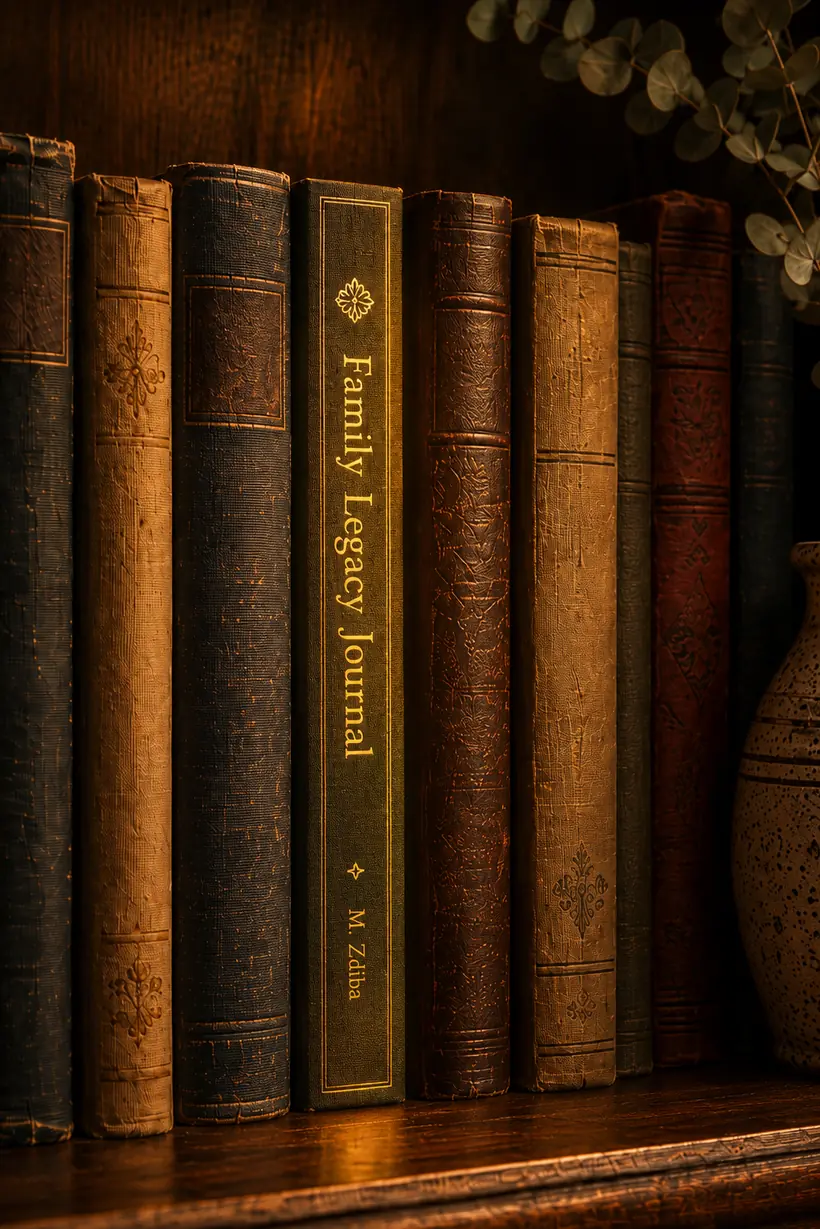 The Family Legacy Journal shelved between old leather-bound books on a dark wooden shelf, its gold spine catching the light.