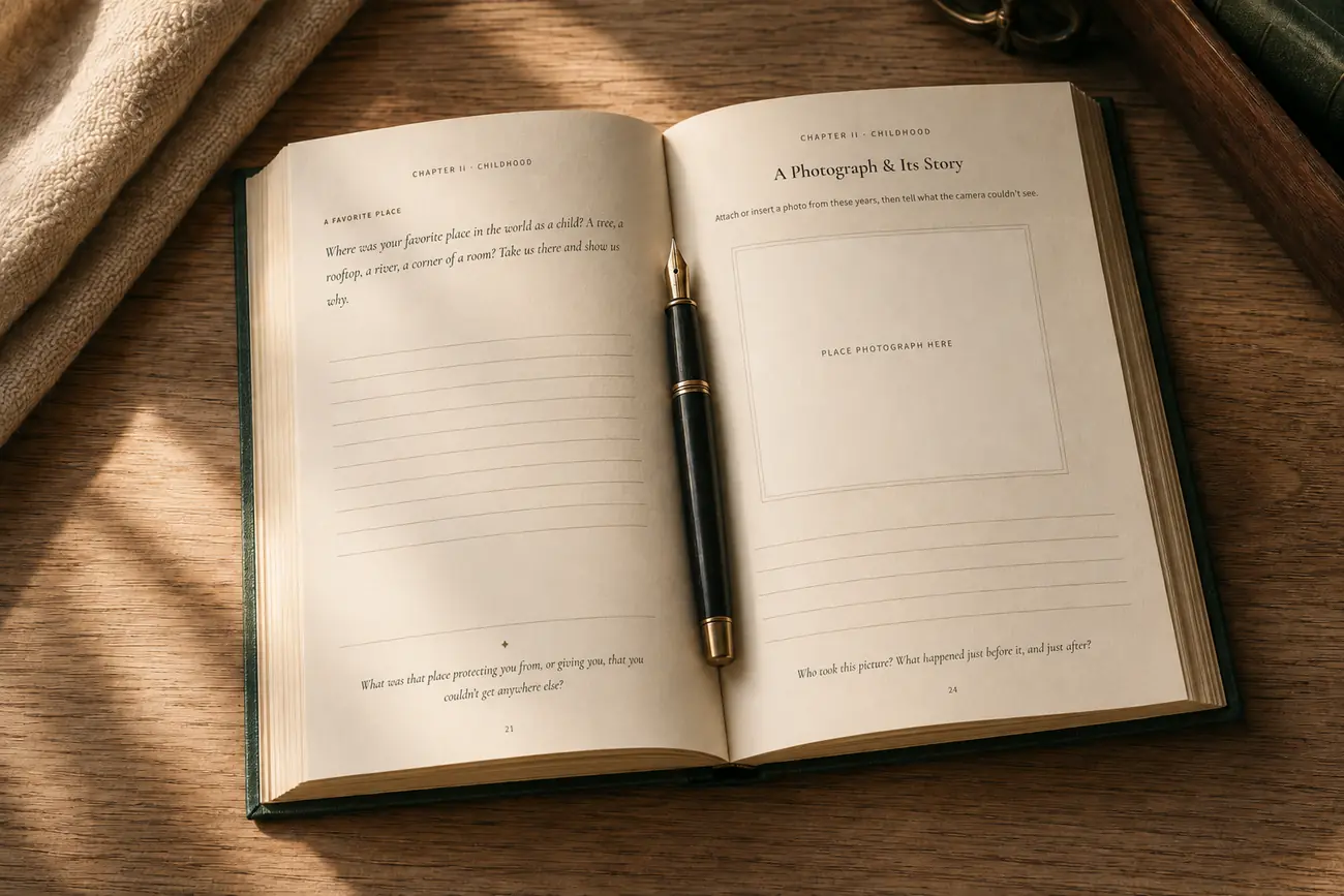 A chapter two spread open on a desk, the question about a favourite childhood place at the top of the left page.